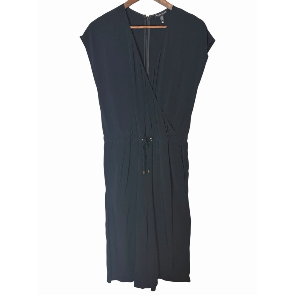 Eileen Fisher Black V-Neck Drawstring Waist Cropped Wide Leg Jumpsuit S/P - Picture 3 of 9